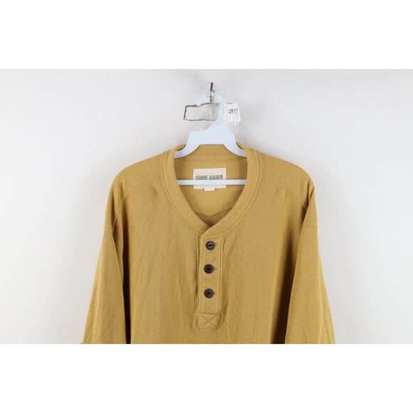 Vintage Eddie Bauer Mens 2XL XXL Faded Thermal Waffle Knit Henley T-Shirt Yellow - Picture 2 of 10
